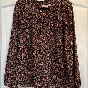 LOFT Black Floral Button-Front Long Sleeve Blouse